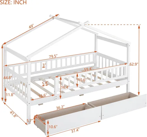 Miniatura 2 de Cama de madera de tamaño individual con dos cajones y techo, cama de plataforma con 2 cabeceros, para dormitorio de niños, adolescentes, niñas