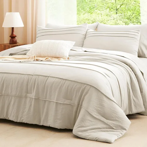 Miniatura 9 de CozyLux Juegos de Edredón Tamaño Full Beige, 7 Piezas Suave Plisado Pinch Pleat Cama en una Bolsa Juego de Edredón Full con Sábanas, Juego de Cama
