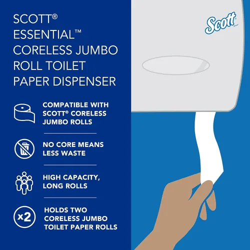 Miniatura 10 de Kimberly-Clark Scott Essential JRT - Dispensador de papel higiénico doble sin núcleo (09609), alta capacidad, duradero, 20 x 6 x 11 pulgadas