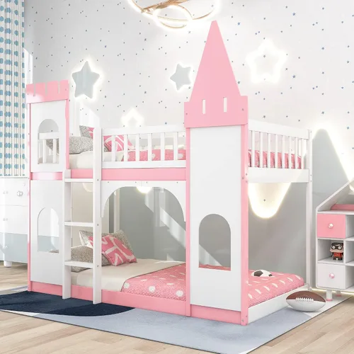 Miniatura 3 de DEINPPA Litera individual, marco de cama individual sobre individual, cama alta de madera con forma de castillo con escalera de barandilla