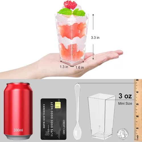 Miniatura 2 de TOFLEN Paquete de 100 mini tazas cuadradas de postre de 3 onzas con cucharas de plástico transparente para fiestas, yogur, parfait, pastel de queso
