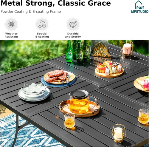 Miniatura 4 de MFSTUDIO Mesa de comedor al aire libre cuadrada de 60" de metal, mesa grande de patio con 8 plazas y agujero ajustable para sombrilla para terraza