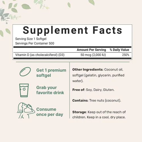 Miniatura 2 de Micro Ingredients Vitamina D3 2,000 UI, 500 cápsulas blandas Aceite de coco virgen Forma de colecalciferol Apoyo óseo, inmunológico y cardíaco