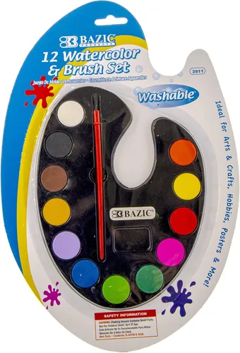 BAZIC - Juego de acuarela con pincel, 12 colores no tóxicos, para diversión de pasatiempos, suministros de arte de colores vibrantes, regalo para