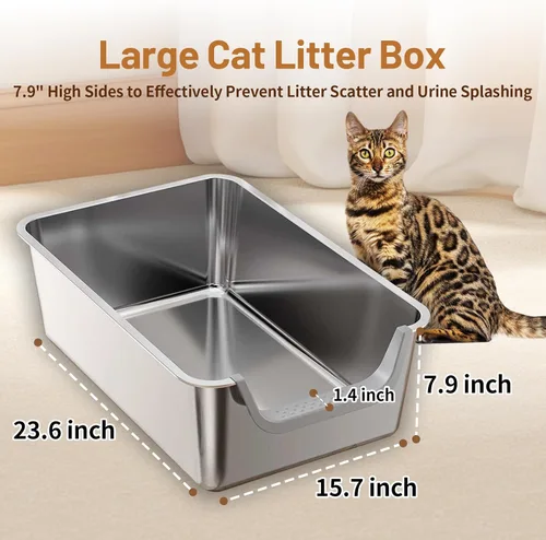 Miniatura 2 de Caja de arena XL de acero inoxidable para gatos, a prueba de fugas, bandeja de arena de metal de 7.9 pulgadas de alto, no se pega, antideslizante