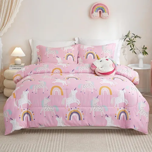 HollyHOME Juego de edredón de unicornio rosa para niñas, 2 piezas en una bolsa, unicornio de dibujos animados y arcoíris, ropa de cama estampada de