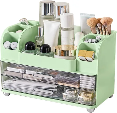 DASITON Organizador de maquillaje de gran capacidad para tocador con 2 cajones, organizadores de cuidado de la piel con soporte para brochas de