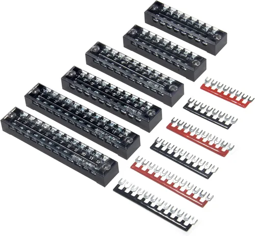 Miniatura 16 de 8 piezas (4 conjuntos) Bloques de tira de terminal de tornillo de doble hilera de 8 posiciones 600V 25A con cubierta + tira de barrera de terminales