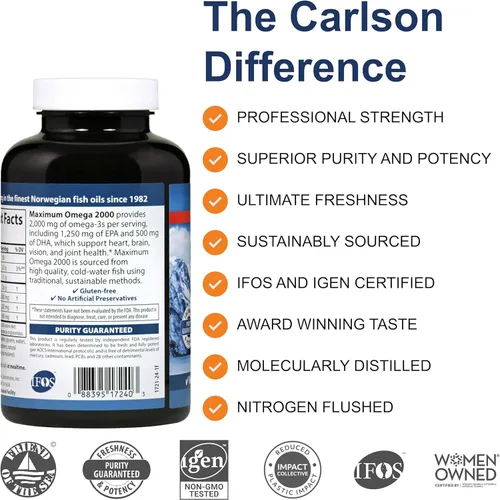 Miniatura 2 de Carlson - Omega Máximo 2000, 2000 mg de ácidos grasos Omega-3 incluyendo EPA y DHA, Aceite de Pescado Noruego de Pesca Silvestre, Suplemento