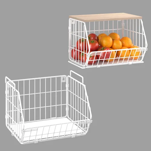 Miniatura 8 de Cesta de frutas apilable de 2 niveles para montar en la pared, cesta de frutas con tapa de madera, organización y almacenamiento de despensa