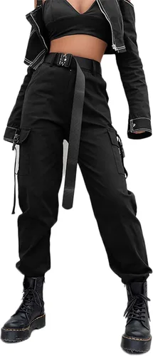 JEAAMKSSER Pantalones cargo negros de cintura alta para mujer con bolsillos, holgados, color liso, Y2K Streetwear