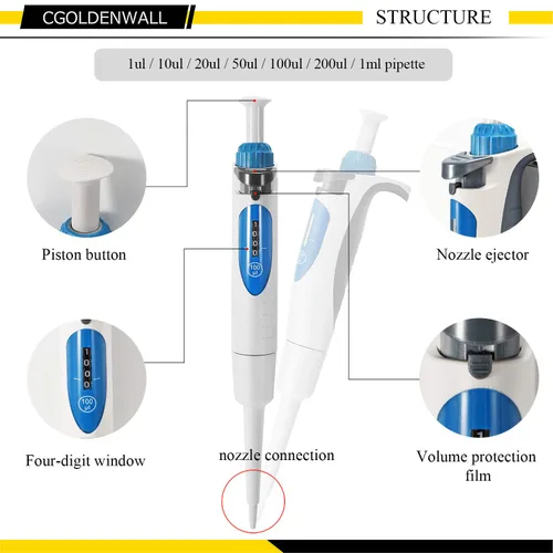 Miniatura 3 de CGOLDENWALL Lab Micropipeta manual ajustable pipeta pipeta pipeta de volumen ajustable y fijo de un solo canal de cuatro dígitos pantalla