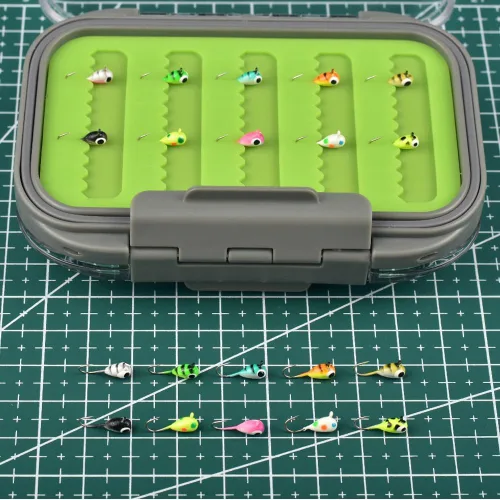 Miniatura 5 de Kit de Jigs de Pesca en Hielo de Tungsteno, 3.2/4/5mm Gota Lágrima que Brillan en la Oscuridad Señuelos Jigs de Pesca en Hielo con Caja de Jigs