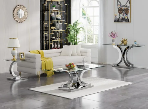 Miniatura 110 de Mesa de centro de cristal de lujo, mesa de centro de sofá de 47 pulgadas con marco de acero inoxidable dorado y parte superior de vidrio negro, mesa