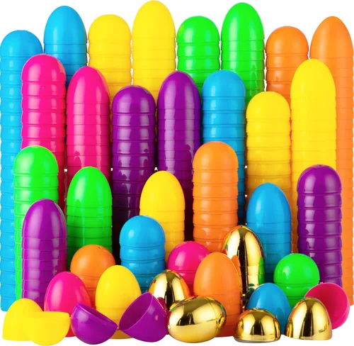JOYIN 150 huevos de Pascua, plástico de 2.3 pulgadas, 144 piezas coloridos con 6 huevos dorados, rellenos vacíos a granel para caza de Pascua,