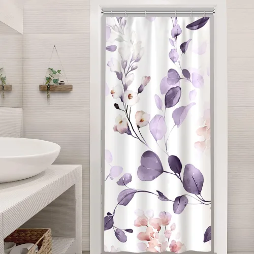 Miniatura 24 de Cortina de ducha pequeña de eucalipto azul acuarela, juego de cortinas de ducha pequeñas impermeables con diseño floral de primavera con ganchos, 36