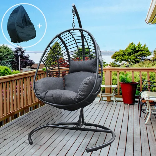 JOYBASE Silla colgante con soporte, silla de mimbre para exteriores, con soporte y cojín para interiores y exteriores, dormitorio, patio, jardín