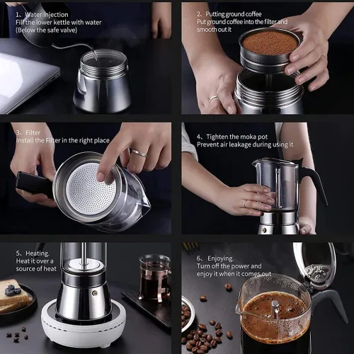 Miniatura 5 de Máquina de café expreso con tapa de cristal y acero inoxidable, cafetera italiana clásica, olla Moka - 4/6/9 tazas, 12.2 fl oz/12.7oz/9 tazas