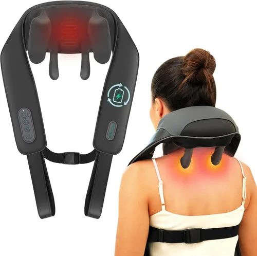 Snailax Masajeador de cuello inalámbrico con calor para aliviar el dolor, tejido profundo, amasado 4D, masajeador recargable de cuello Shiatsu para