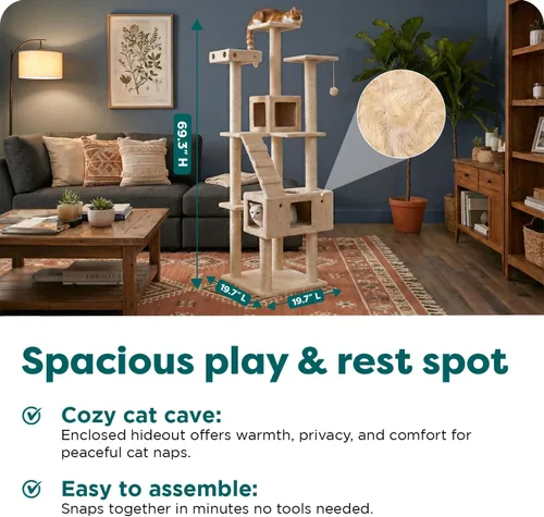 Miniatura 3 de Ascentials - Grand Suite Cat Scratcher Playground - Estructura de juego de torre alta para gatos, áreas de rascado de sisal, fieltro gris, chapa