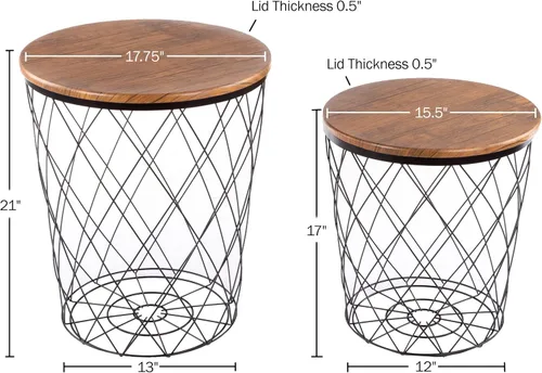 Miniatura 2 de Lavish Home - Juego de 2 mesas auxiliares con tapas de madera extraíbles y bases de metal para almacenamiento de mantas, muebles laterales redondos