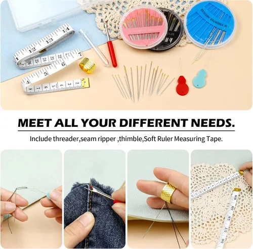 Miniatura 4 de FIVEIZERO Juego de agujas de coser a mano premium, 90 agujas de bordar surtidas con enhebradores, cuchillo para quitar hilos, dedal, cinta métrica