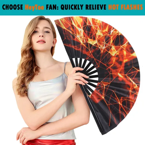 Miniatura 19 de HeyToo Ventilador de mano grande para mujeres/hombres, con brillo UV, para Drag Queen, cosplay, EDM, club, fiesta, música, festival, baile, Cuadrado
