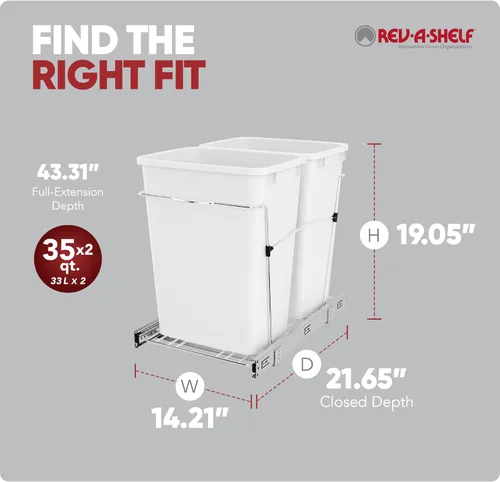 Miniatura 3 de Rev-A-Shelf Bote de basura doble extraíble de 35 cuartos de galón para gabinetes de cocina base, sistema de cubo de basura con toboganes de Blanco