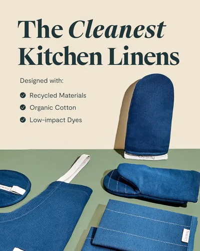 Miniatura 3 de Caraway Juego de lino – Delantal, soportes para ollas, guantes de horno y paños de cocina – 100% algodón orgánico – Duradero, lavable a máquina Azul