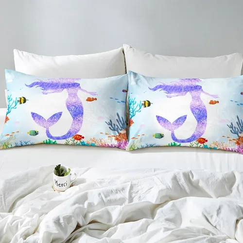Miniatura 4 de Erosebridal Juego de sábanas de cola de sirena, tamaño individual para niños pequeños, sábana bajera ajustable de animales marinos náuticos