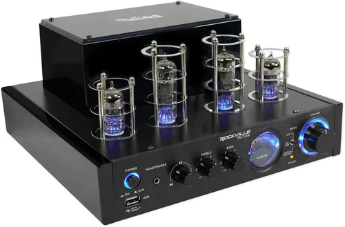 Rockville BluTube - Amplificador de tubo LED de 70 W, receptor estéreo de cine en casa con Bluetooth, HDMI y óptico, negro con luces azules,
