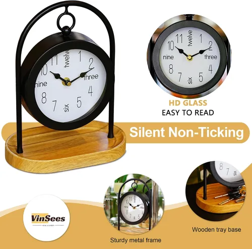Miniatura 2 de Reloj de escritorio de metal negro con base de madera, reloj de mesa decorativo para sala de estar, relojes de repisa silenciosos, decoración
