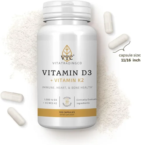 Miniatura 7 de VTC VitaTradingCo. Vitamina D3 + K2 Formas bioactivas de alta potencia 1000iu D3 + 45mcg MK-4 K2 Aumenta la absorción de calcio Soporte