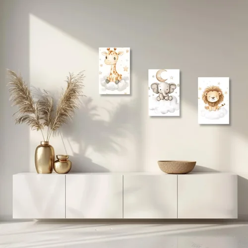 Miniatura 3 de DOARTDO Lienzo decorativo para cuarto de bebé, 3 piezas, diseño de elefante, león, jirafa, pintura para habitación de niños, marco decorativo