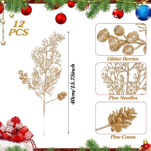 Miniatura 2 de Tigeen 12 Piezas Púas de Árbol de Navidad a Granel, Relleno Artificial para Árbol de Navidad, Púas de Bayas con Purpurina, Tallos, Ramas y Champán