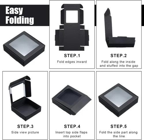 Miniatura 7 de Zonon 30 Cajas de Papel Kraft con Ventana 4.13 x 4.13 x 1.18 Pulgadas para Empaquetado de Dulces, Pequeñas Cajas de Regalo, Porta Jabón, Mini Negro