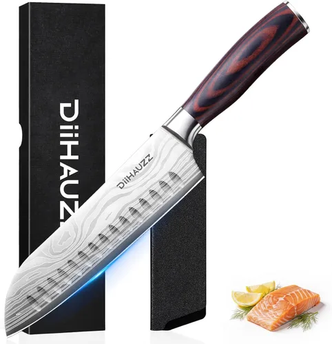 DiiHAUZZ Santoku - Cuchillo de chef japonés de 7 pulgadas, con borde hueco ultra afilado, cuchillos de cocina profesionales forjados de acero de