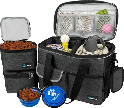 Miniatura 22 de PetAmi Bolsa de viaje para perros, organizador de bolsas de viaje para mascotas, bolsa de viaje de comida para perros con contenedor de comida