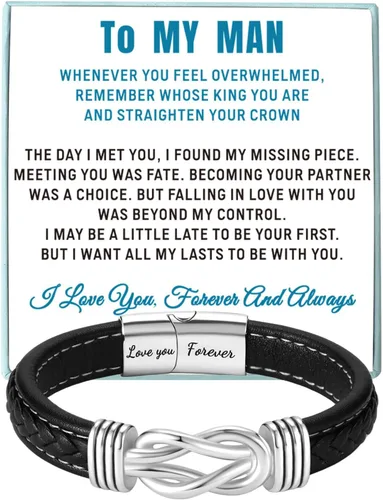 Coolvy Pulsera con texto en inglés "To My Man Straighten Your Crown" para marido, novio, pulseras de cuero trenzado para hombre, San Valentín,