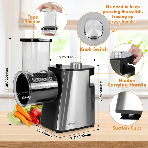 Miniatura 4 de Anatole Rallador de queso eléctrico de acero inoxidable triturador de verduras 6 cuchillas 250 W salida de entrada grande sin BPA 110 V