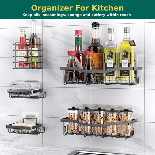 Miniatura 3 de Organizador de ducha adhesivo para organización de almacenamiento de baño, paquete de 5 estantes de ducha sin taladrar, acero inoxidable