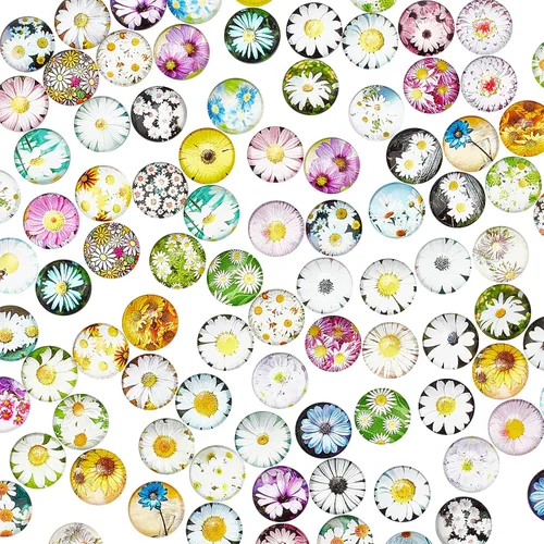 PH PandaHall 100 unidades de cabujones de cristal de margarita de 0.472 in de mosaico redondo de flores de mosaico medio redondo impreso de vidrio