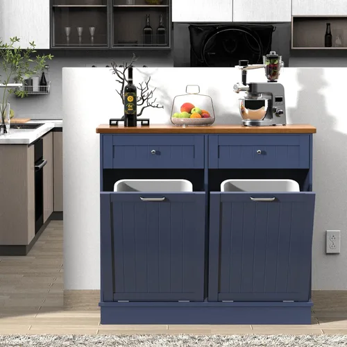 Miniatura 13 de Gabinete de Basura Inclinable, Isla de Cocina Estilo Antiguo con Tablero de Listones y Superficie de Madera Maciza y Cajón, Bote de Basura a Prueba