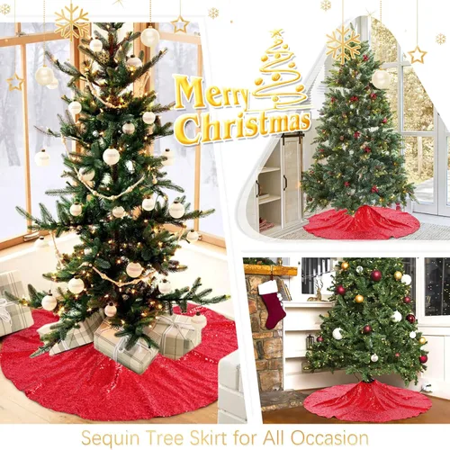 Miniatura 3 de Falda B-Cool de árbol, con lentejuelas brillantes, diseño de árbol de Navidad, color oro rosa con lentejuelas hechas a mano, para el hogar, Rojo