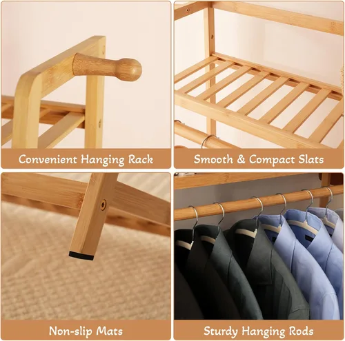 Miniatura 7 de Baveke Estante de bambú para ropa de 9 niveles, estante para colgar ropa, organizador de armario portátil con estante superior, estantes de Natural