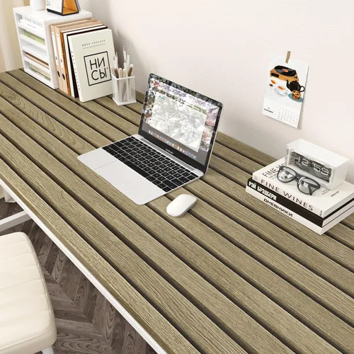 Miniatura 7 de Papel tapiz de listones de madera marrón claro, paneles de madera autoadhesivos, papel tapiz de rayas de grano de madera sintético, papel de 1
