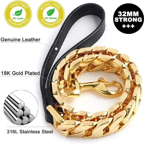 Miniatura 4 de txprodogchains - Correa grande a prueba de mordidas para perros grandes, correa de cadena dorada de 1.28 pulgadas de grosor con mango acolchado