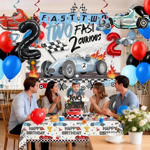 Miniatura 7 de Dos decoraciones de cumpleaños de 2º cumpleaños de auto de carreras rápidas, incluyen plato, taza, servilleta, telón de fondo, pancarta, mantel