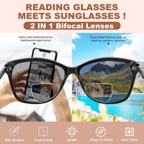 Miniatura 3 de Gafas de sol bifocales de lectura premium para mujeres, lectores de sol retro Cateye con protección UV400, tonos clásicos negro y tortuga