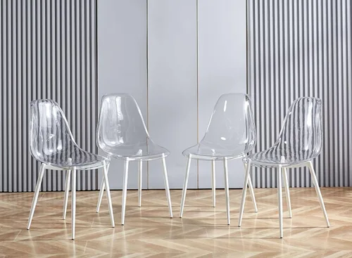 Miniatura 9 de Juego de 4 sillas de comedor amarillas transparentes, asiento moderno minimalista de plástico PP transparente con patas de metal para cocina y sala